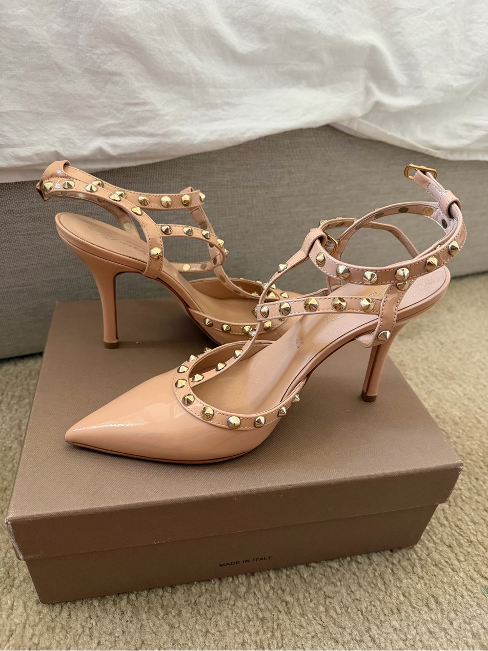 Studded Pointed-Toe Nude Heels - New In Box